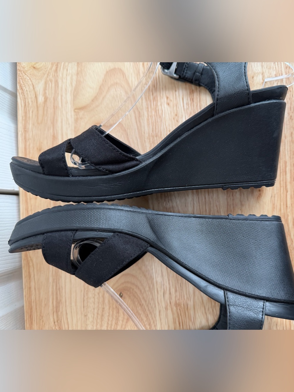 Crocs Leigh II Wedges Black Canvas Ankle Strap Sandals Y2K Minimalist Chic W7 - Picture 10 of 12